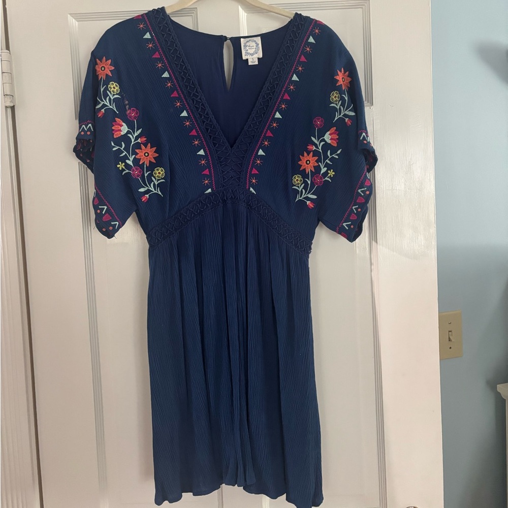 Embroidered Blue Dress with Floral Design